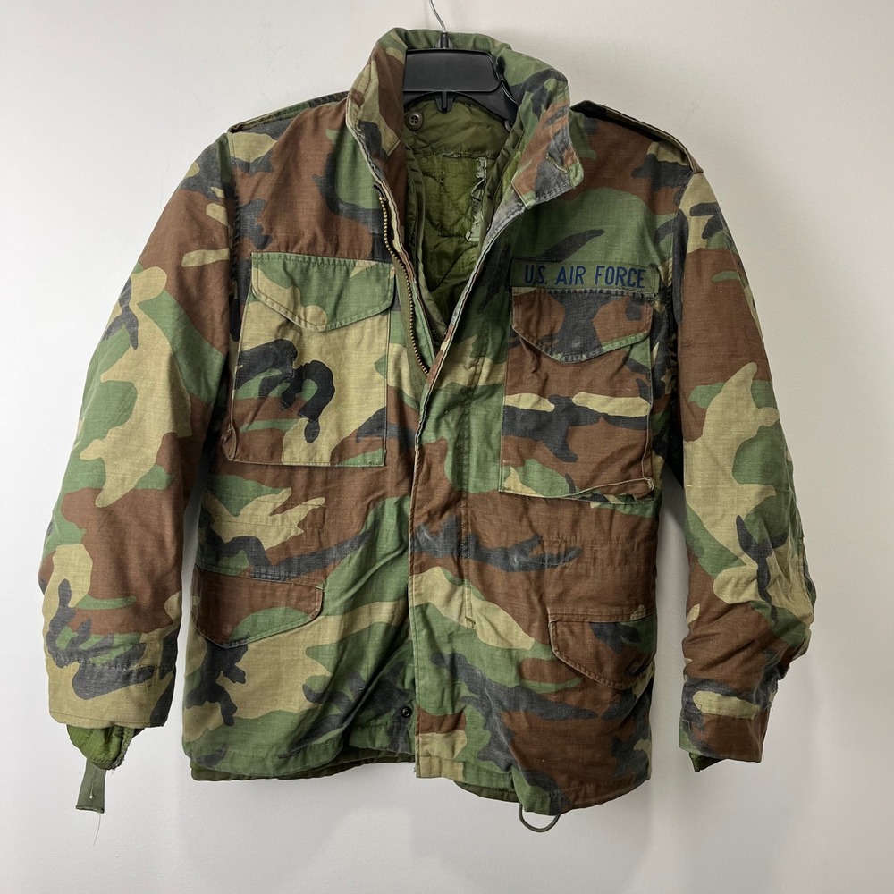 US Air Force M65 Field Jacket Mens Small Camo Woodland Military Coat Vintage